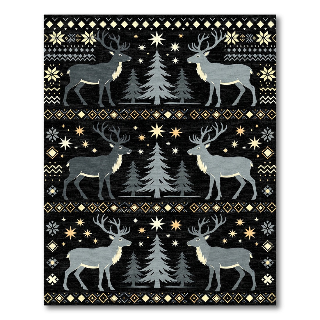 Black Christmas Reindeer Forest Scene Rug