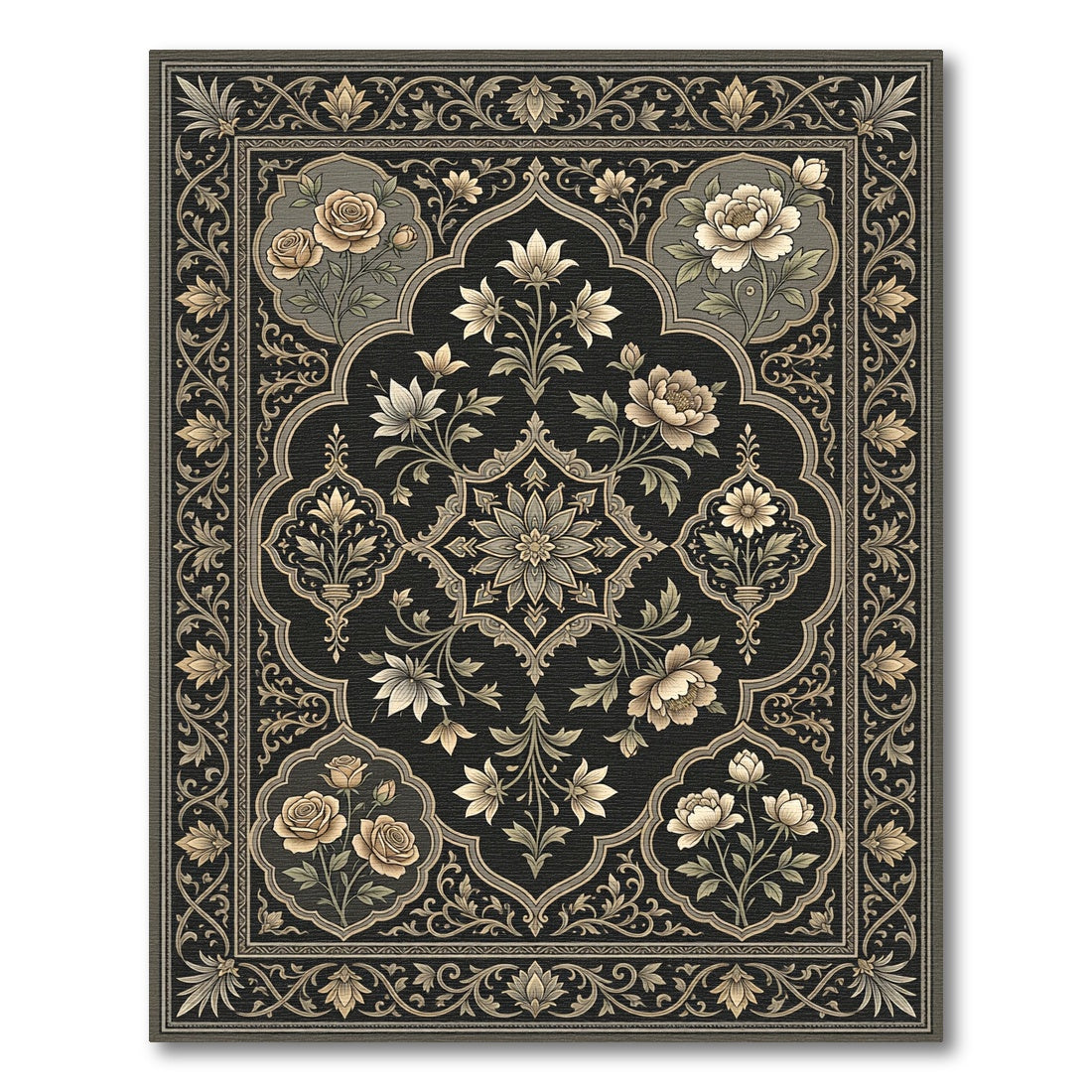 Muted Beige Floral Medallion Frame Rug