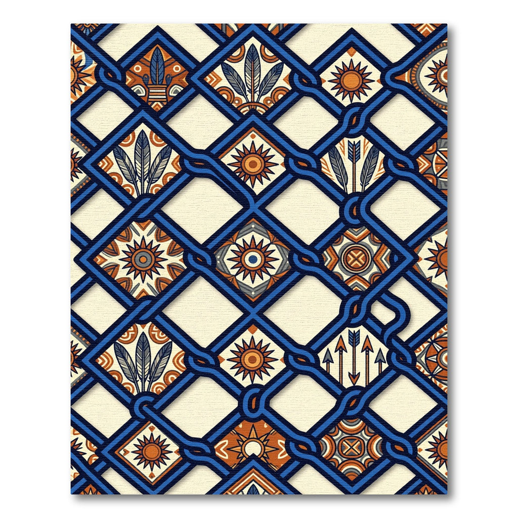 Geometric Navy Blue Sun Feather Lattice Rug