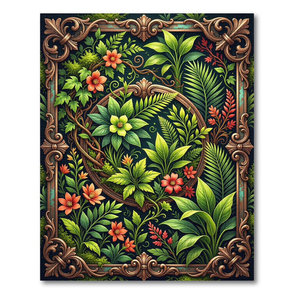 Lush Tropical Foliage Ornate Botanical Frame Rug