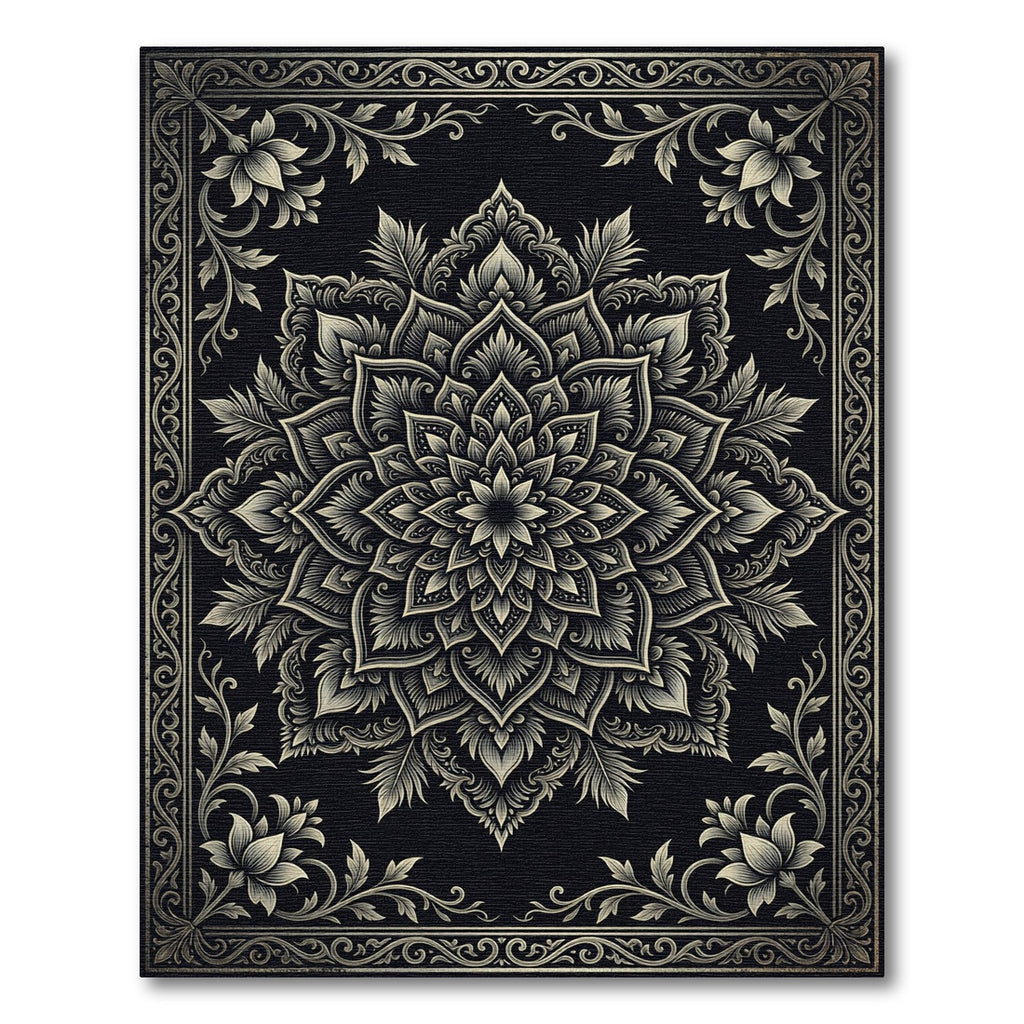 Intricate Black Golden Floral Mandala Rug
