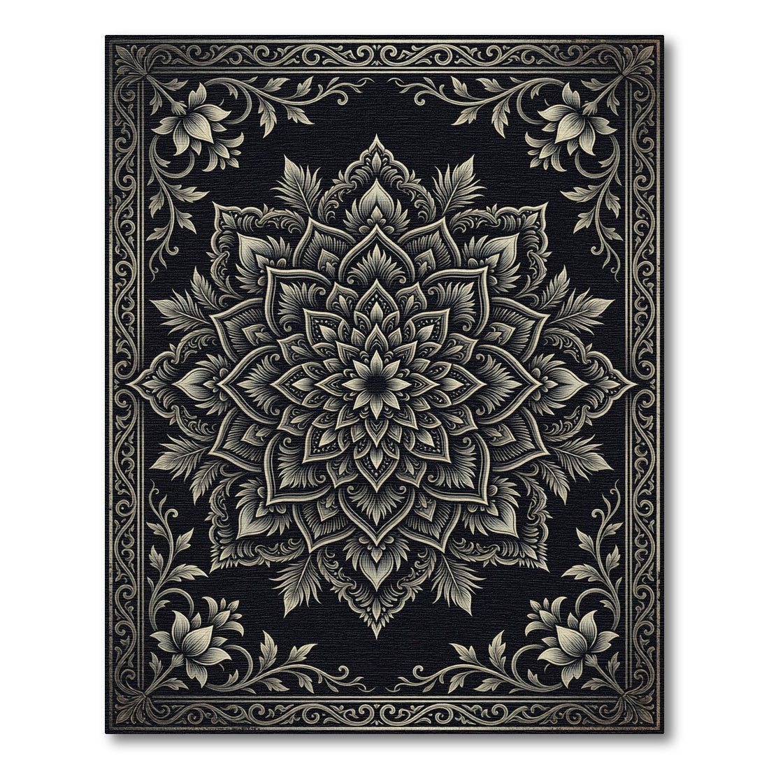 Intricate Black Golden Floral Mandala Rug