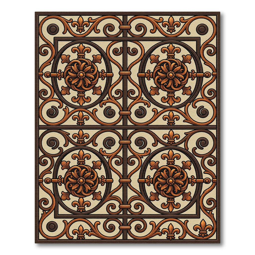 Ornate Brown Medallion Fleur-de-lis Grid Rug