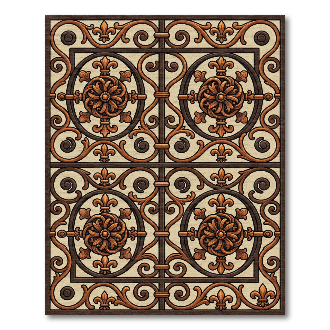 Ornate Brown Medallion Fleur-de-lis Grid Rug