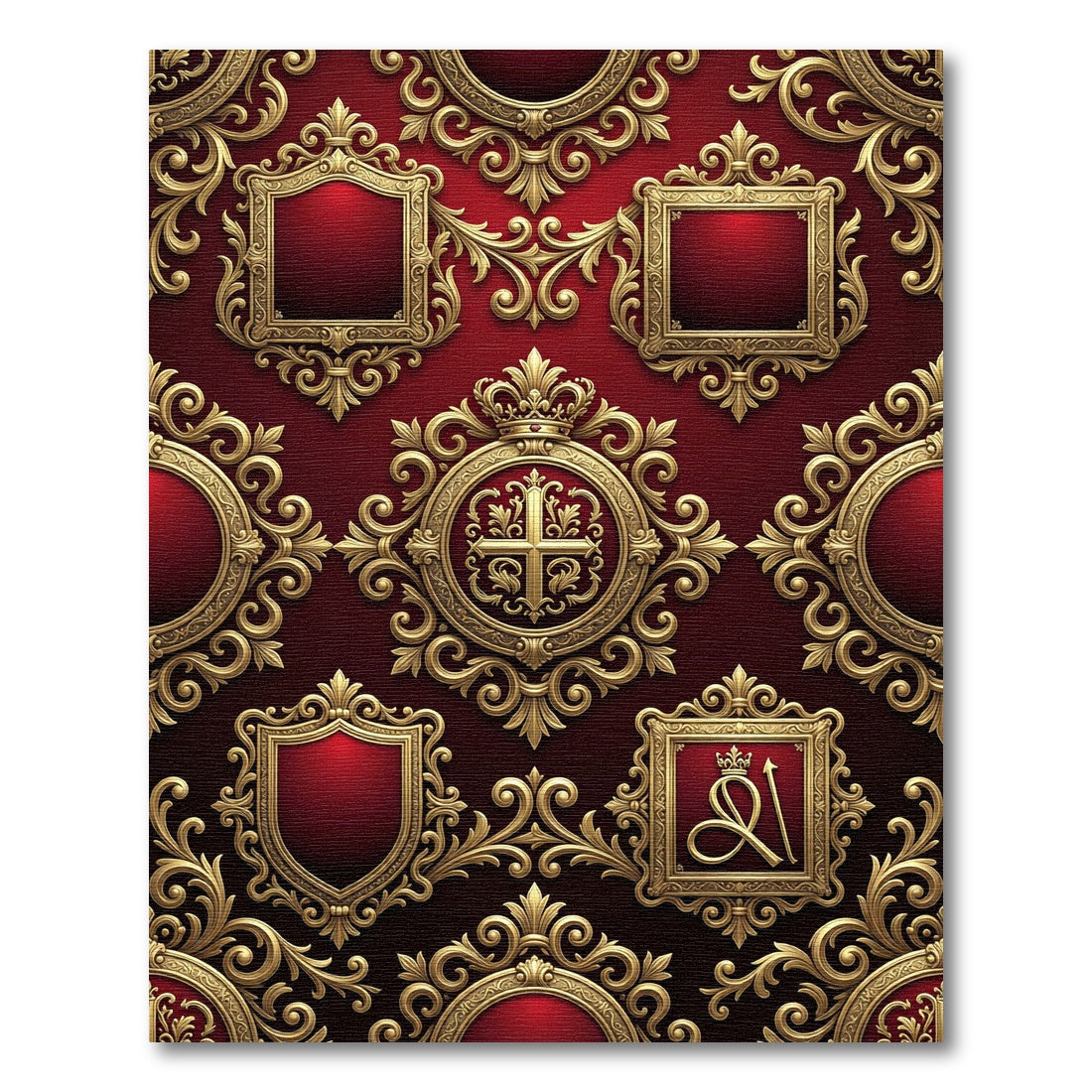 Royal Crimson Gold Ornate Heraldic Crest Rug