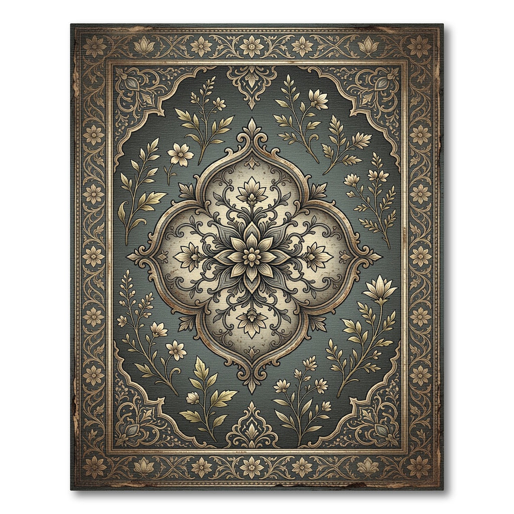Antique Teal Golden Floral Medallion Rug