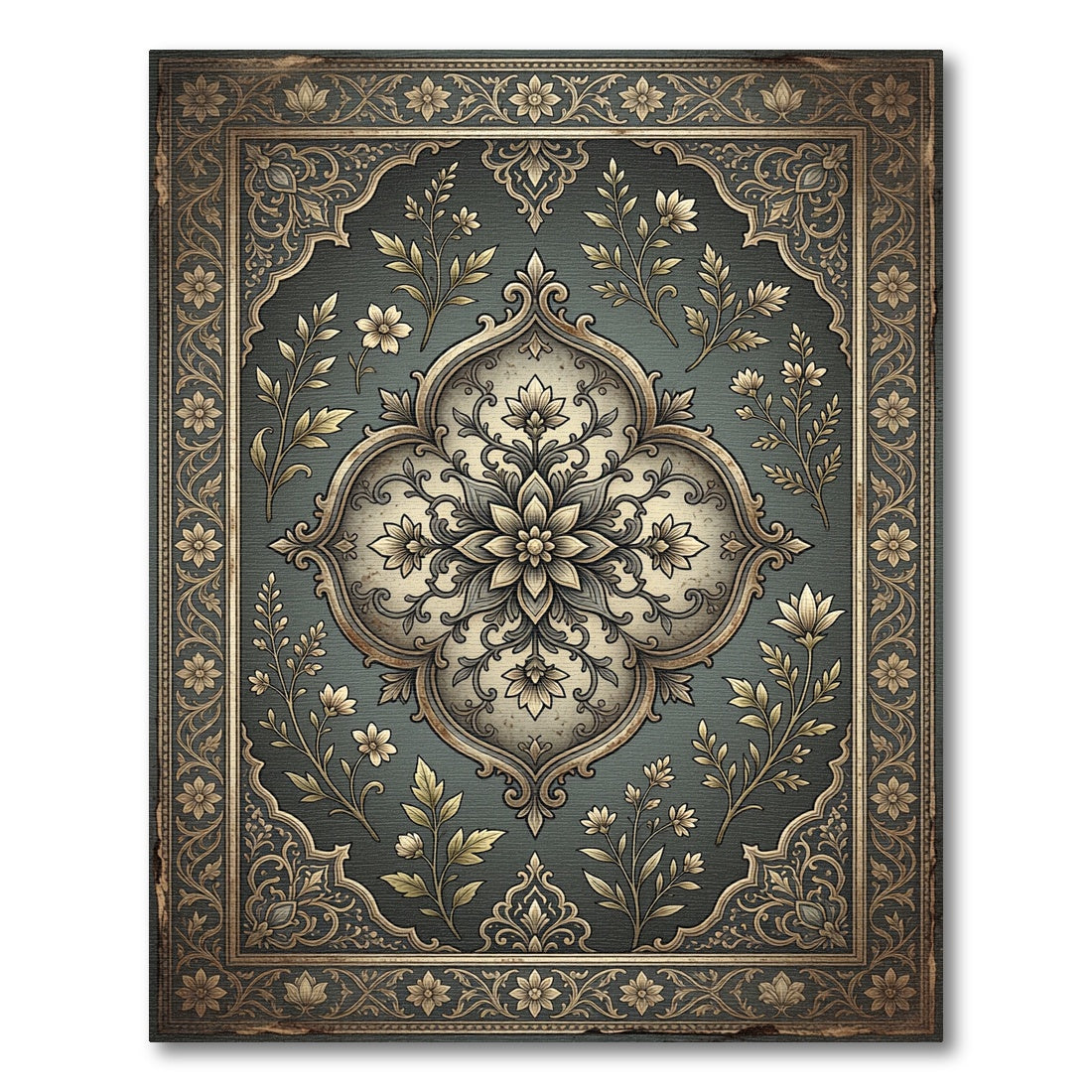 Antique Teal Golden Floral Medallion Rug
