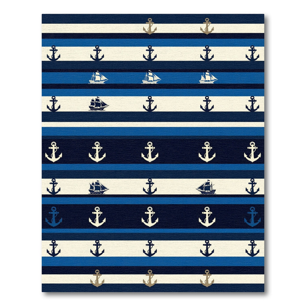 Nautical Striped Anchors Sailboats Navy Blue Rug