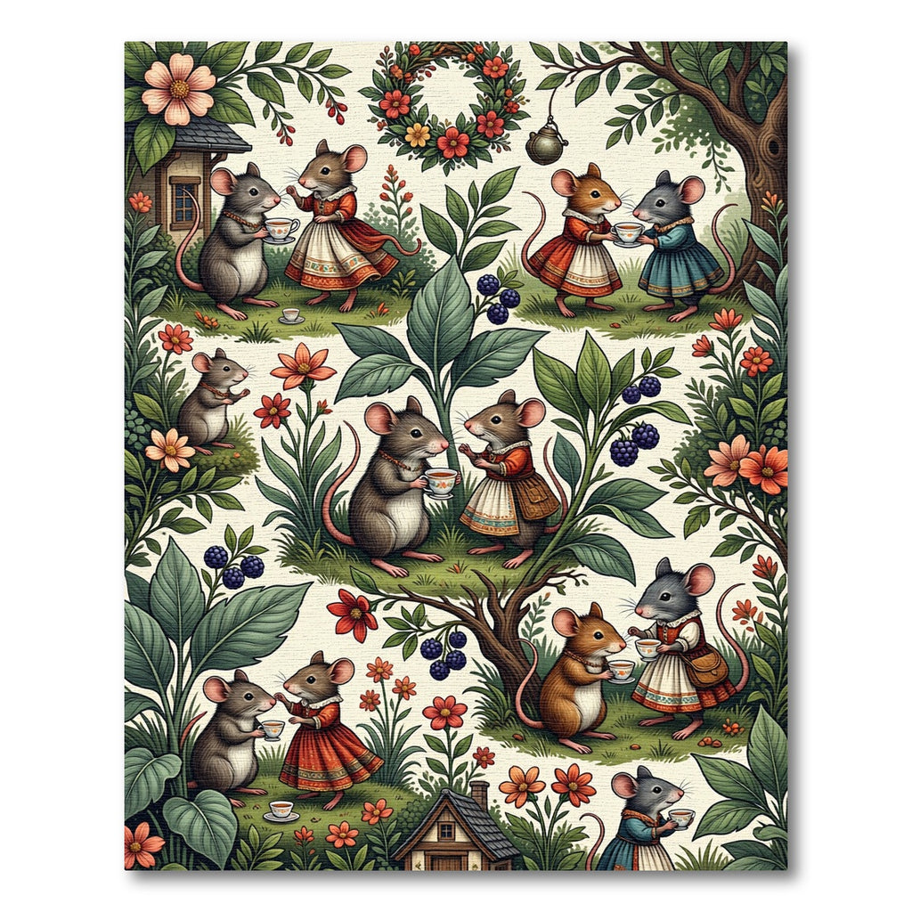Whimsical Mouse Tea Party Garden Illustration Rug