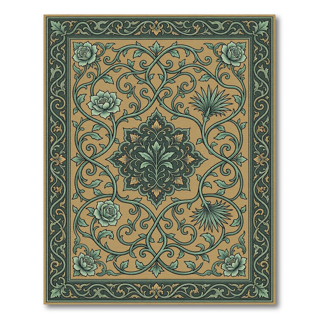 Golden Green Floral Vine Scroll Rug