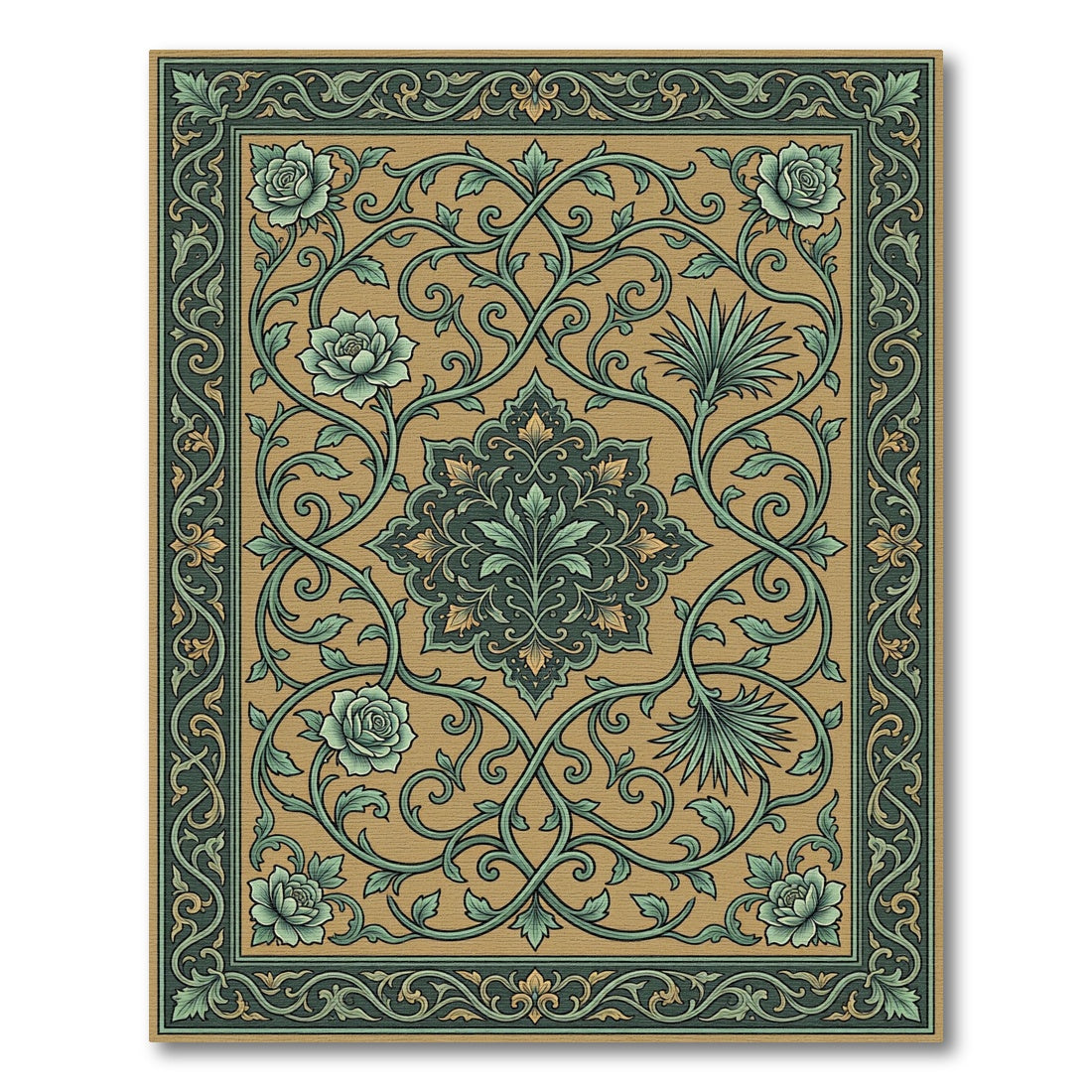 Golden Green Floral Vine Scroll Rug