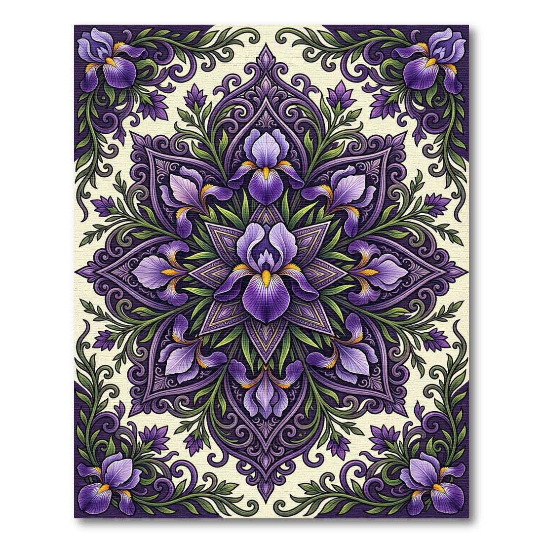 Ornate Purple Iris Floral Mandala Rug
