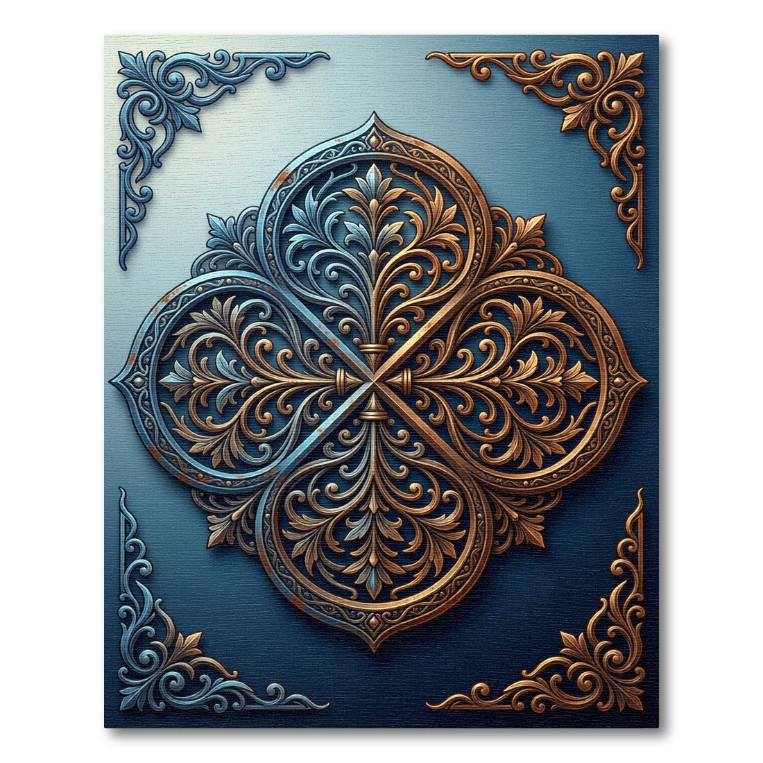 Ornate Gold and Blue Filigree Medallion Rug
