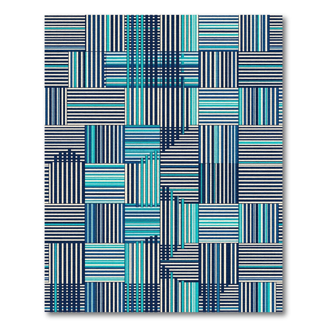 Navy Teal Striped Patchwork Blocks Rug