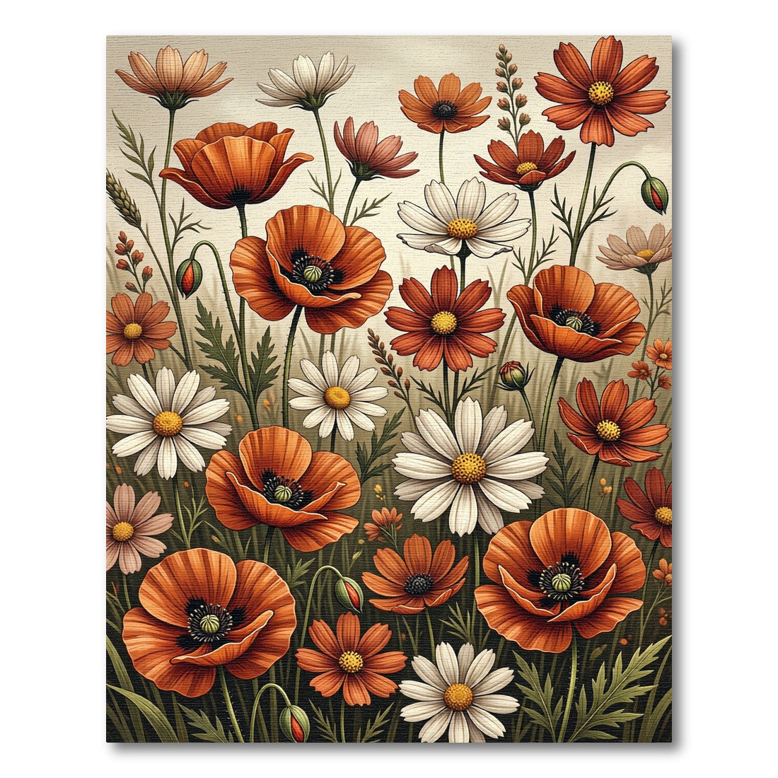 Cheerful Autumn Poppy and Daisy Meadow Rug