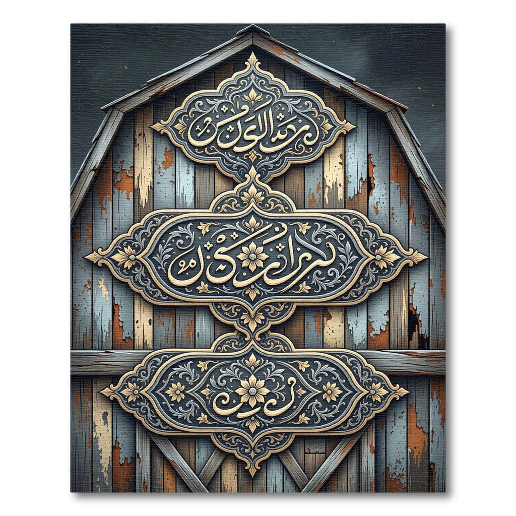 Ornate Gold Calligraphy Aged Wood Art Rug
