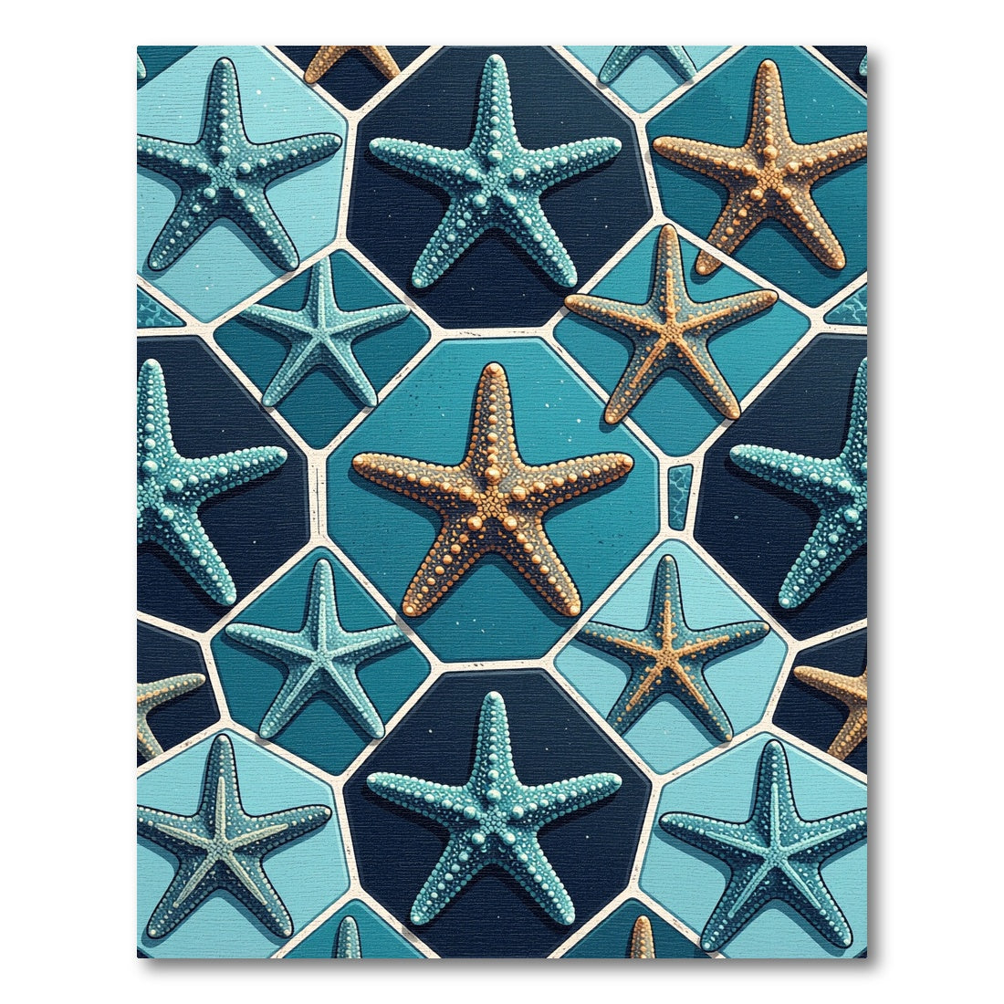 Coastal Oceanic Starfish Blue Hexagon Tiles Rug
