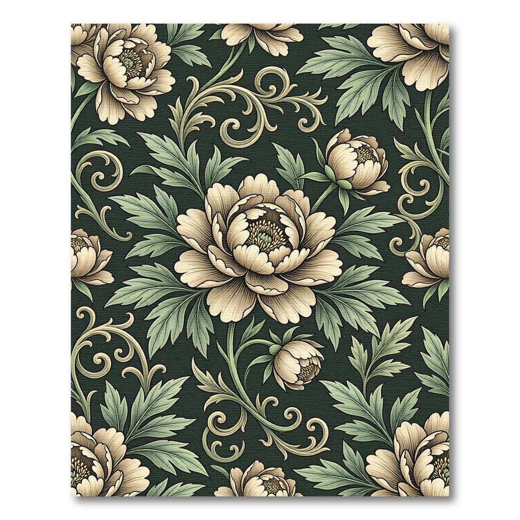 Ivory Peony Floral Dark Sage Scroll Rug