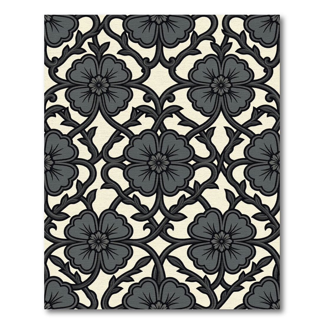 Dark Gray Floral Vine Lattice Rug