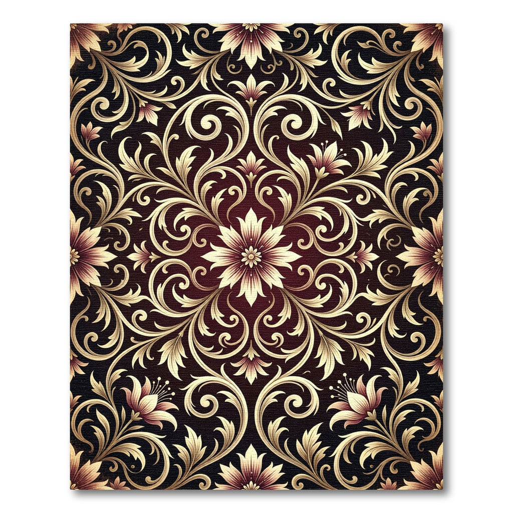 Deep Crimson Golden Floral Scroll Rug