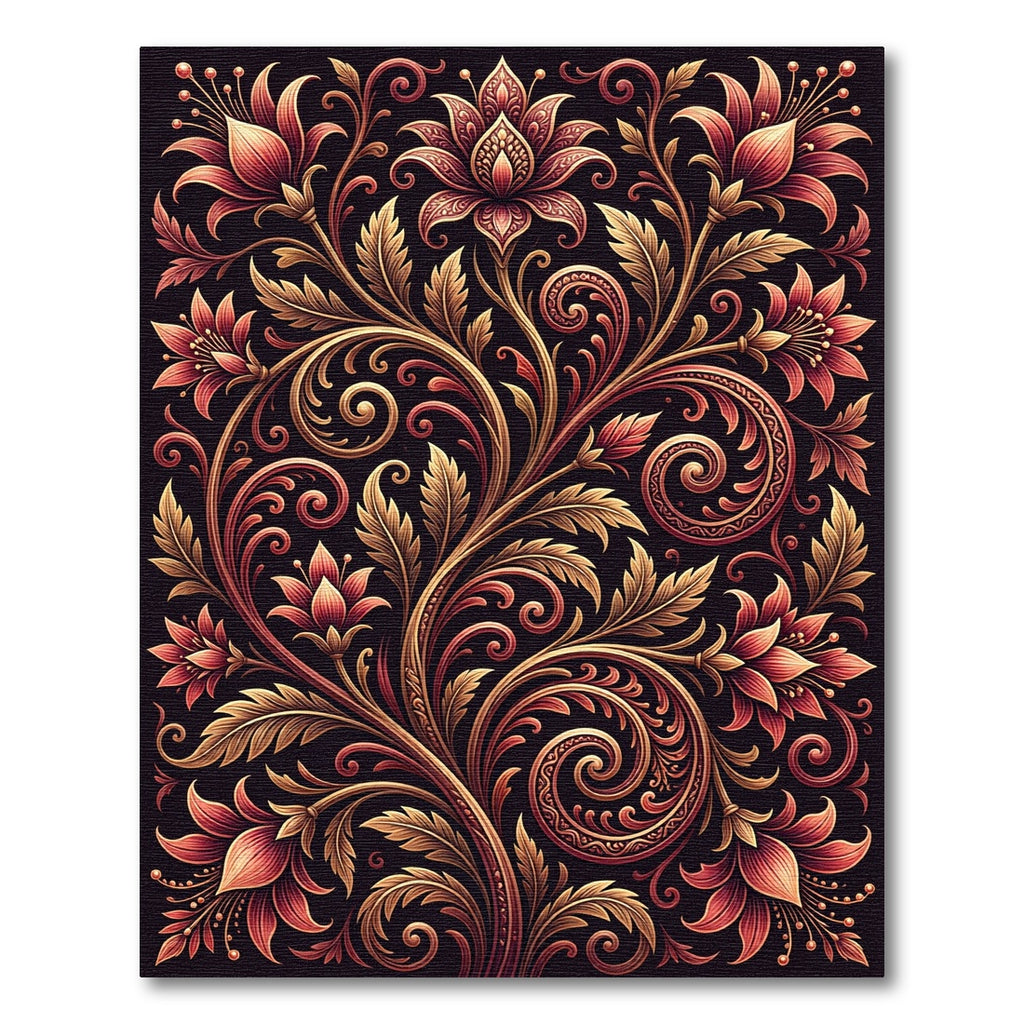 Elegant Crimson Floral Gold Swirl Rug