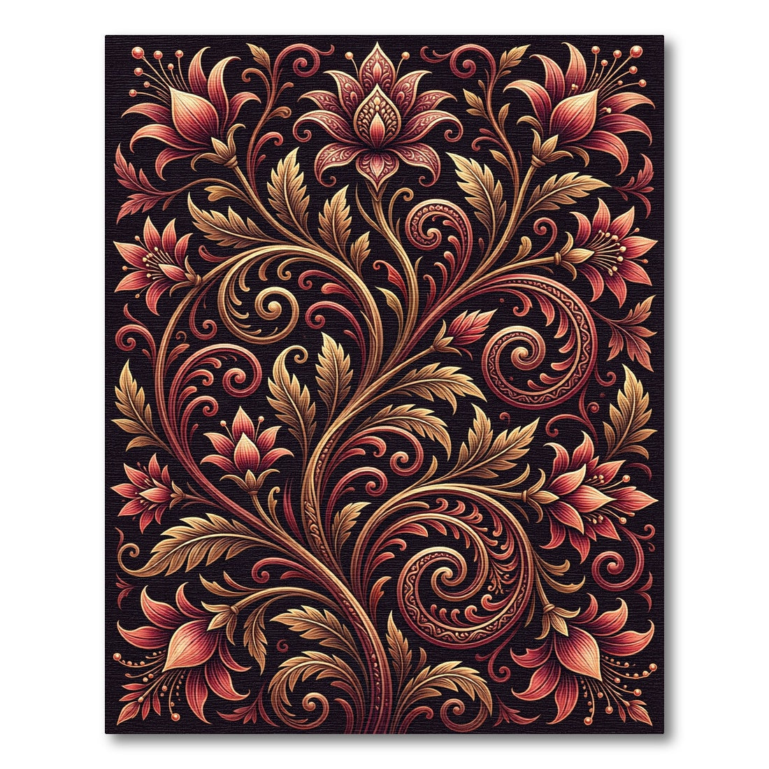 Elegant Crimson Floral Gold Swirl Rug