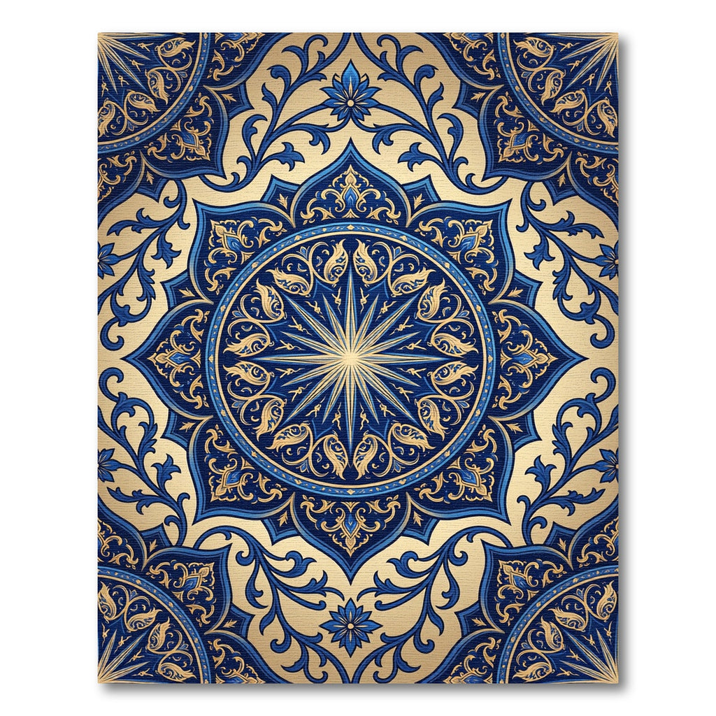 Ornate Gold and Navy Star Medallion Rug