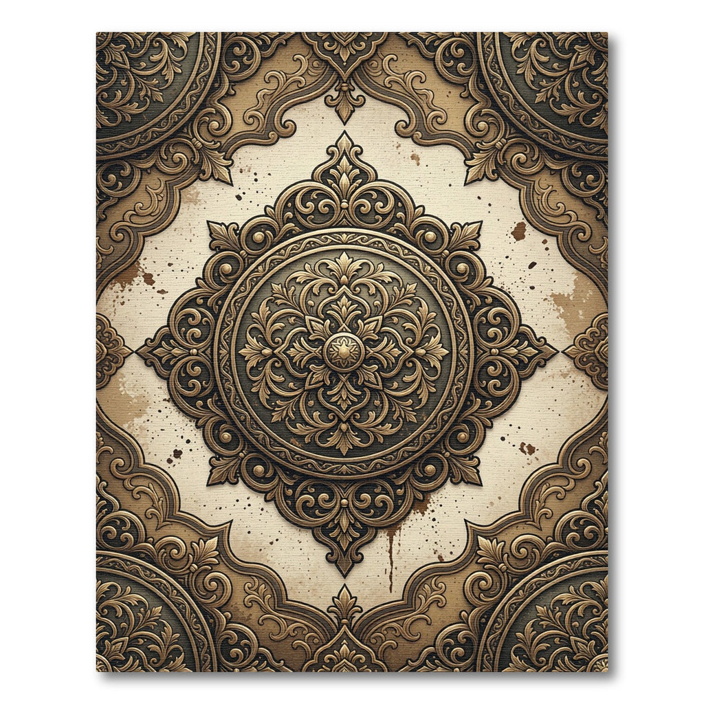 Ornate Golden Bronze Damask Medallion Rug