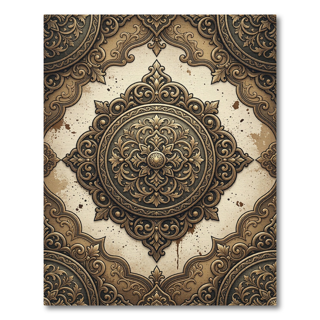 Ornate Golden Bronze Damask Medallion Rug