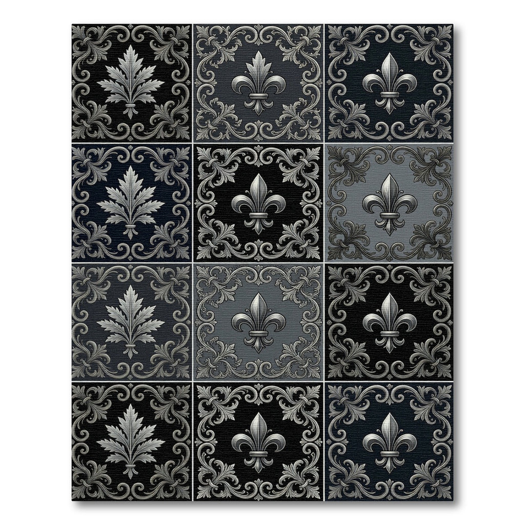 Ornate Fleur De Lis Square Black Gray Rug