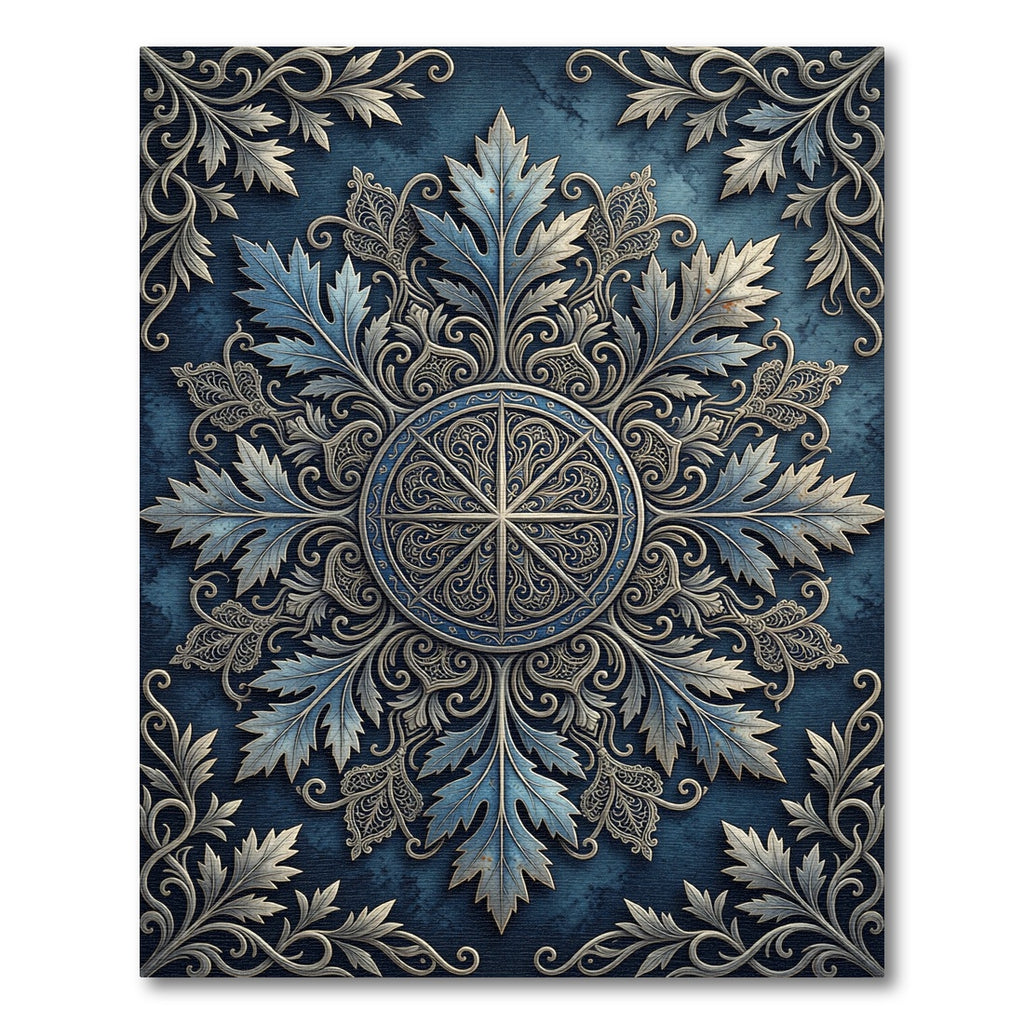 Ornate Blue Silver Botanical Mandala Rug