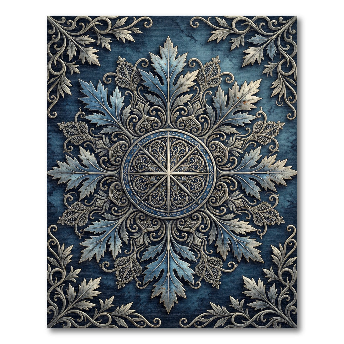 Ornate Blue Silver Botanical Mandala Rug