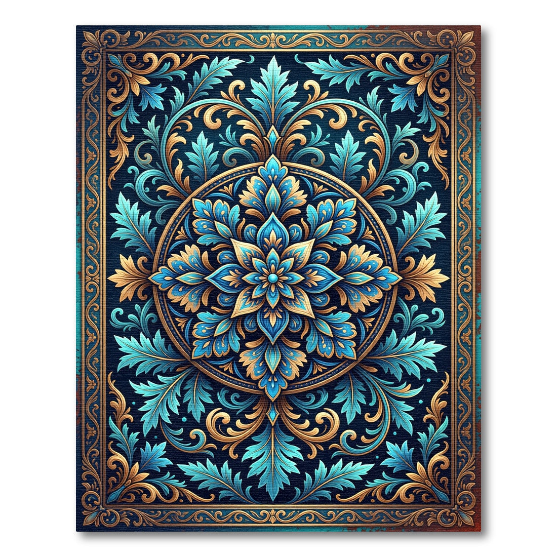 Luxurious Teal and Gold Floral Medallion Rug
