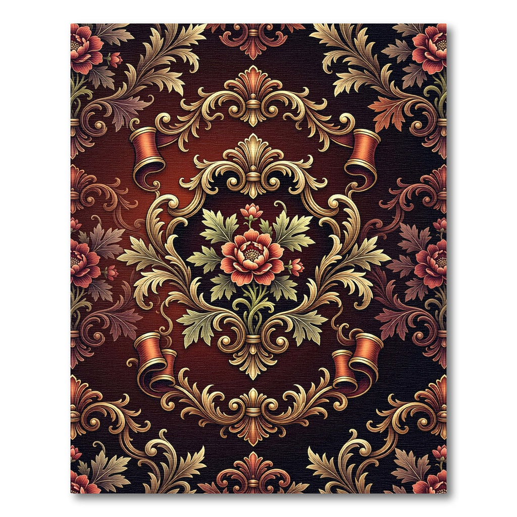 Gilded Red Scrollwork Floral Harmony Rug