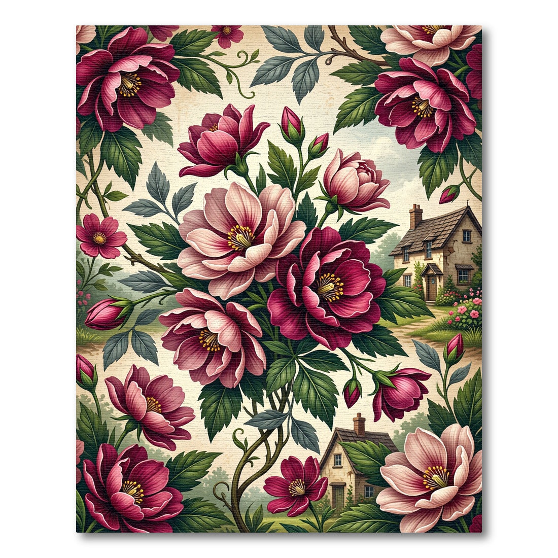 Rich Crimson Blossoms Garden Scene Rug
