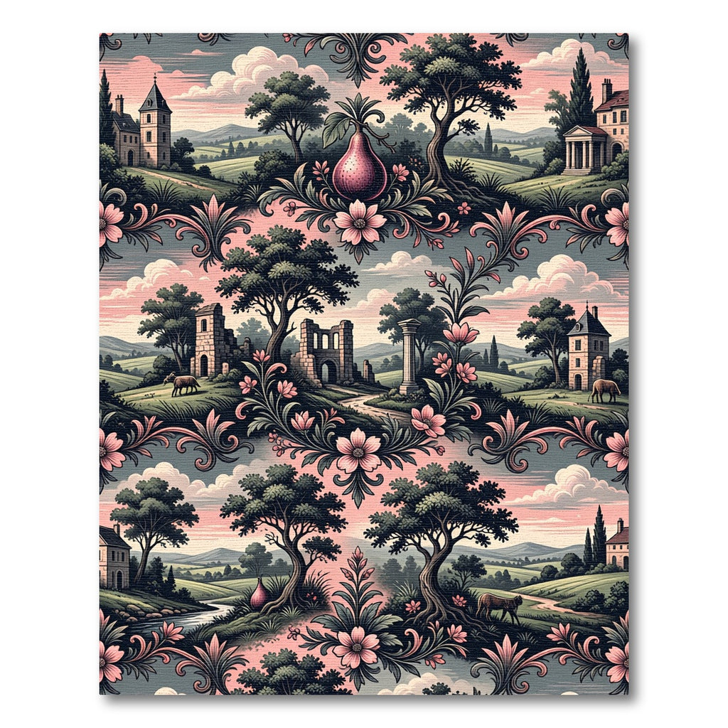 Pastoral Pink Floral Landscape Scenic Medallion Rug