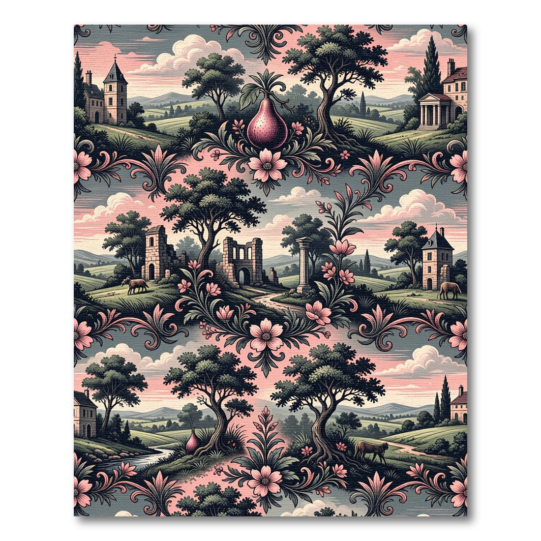 Pastoral Pink Floral Landscape Scenic Medallion Rug