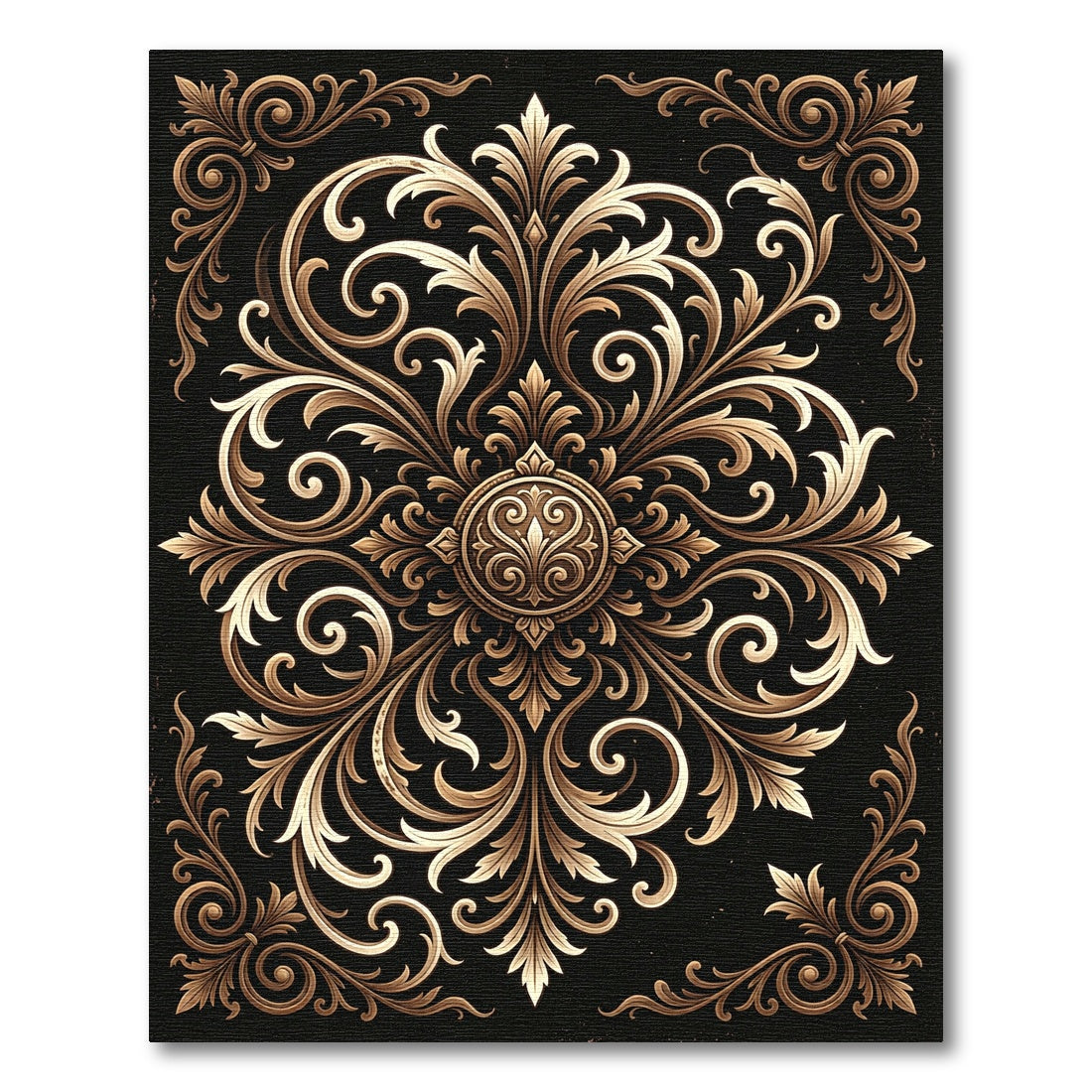 Elegant Gold Scrollwork Damask Medallion Rug