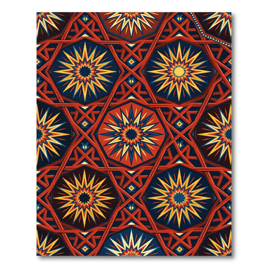 Vibrant Red Blue Sunburst Geometric Rug