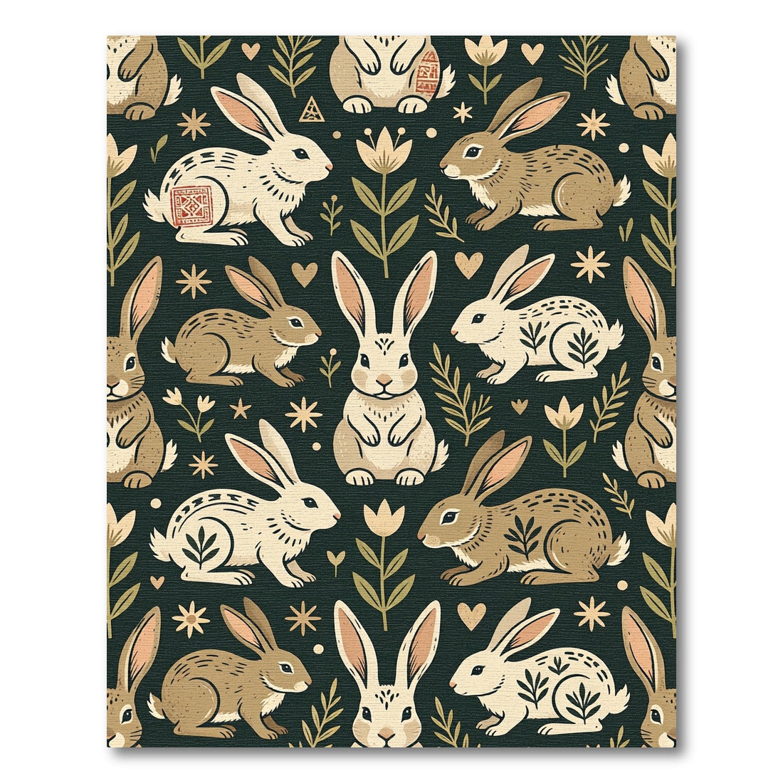 Earthy Folk Art Rabbit Forest Rug