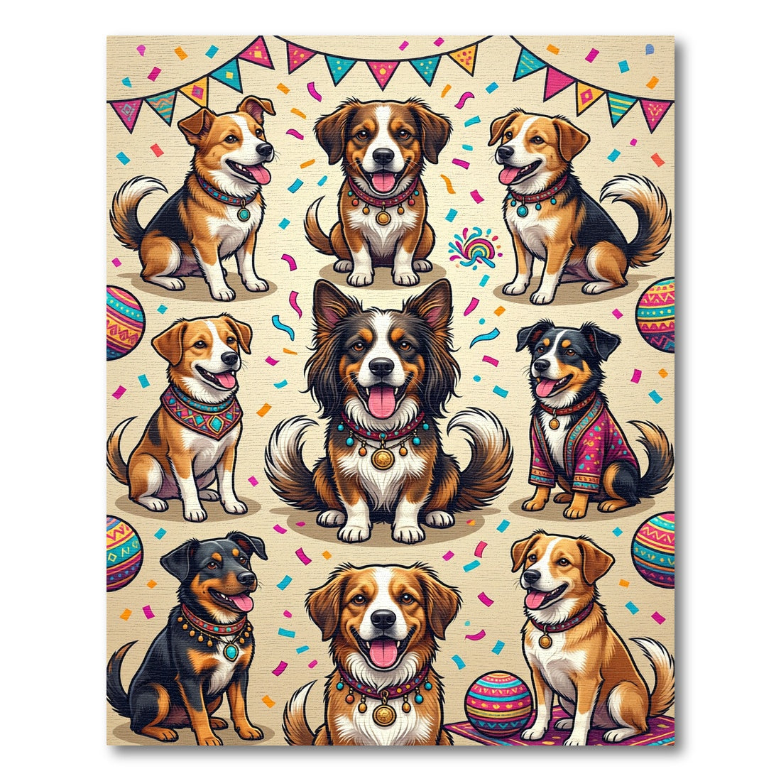 Festive Boho Dog Party Celebration Art Rug