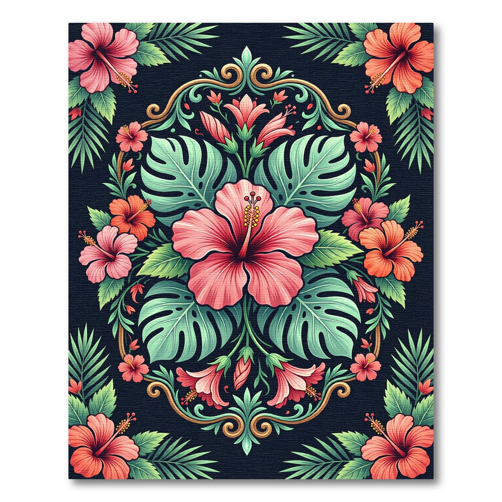 Vibrant Tropical Hibiscus Botanical Medallion Rug