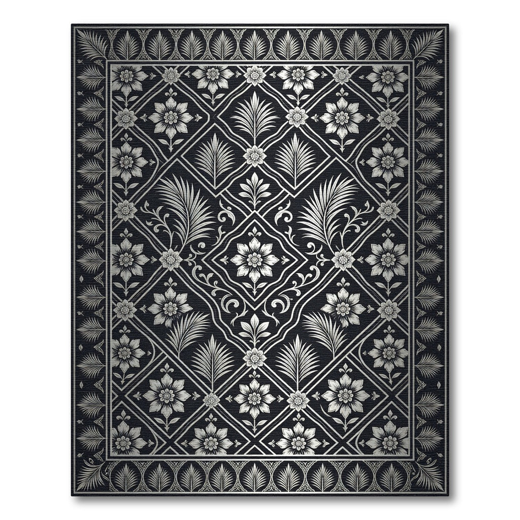 Elegant Metallic Silver Floral Damask Rug