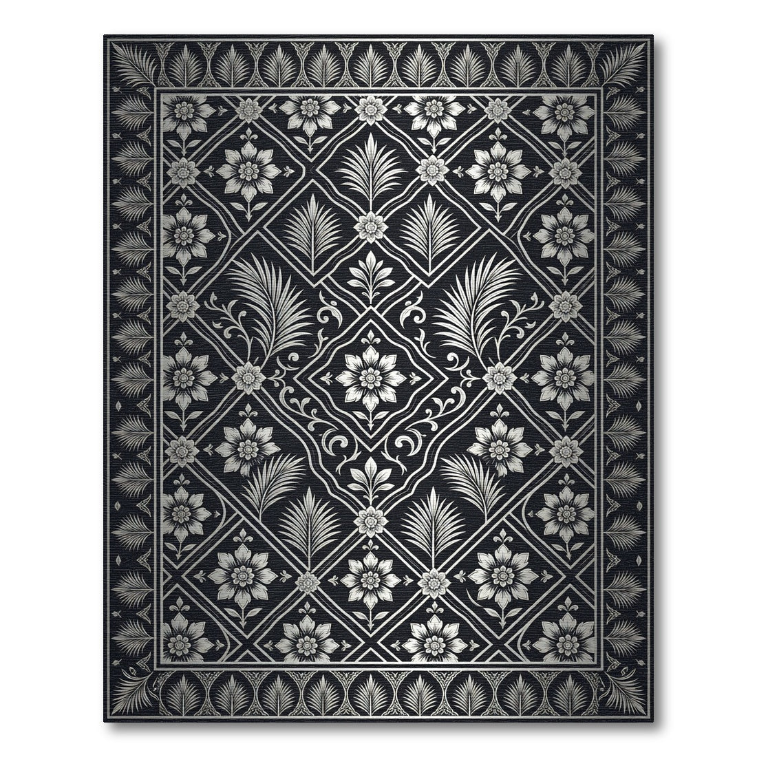 Elegant Metallic Silver Floral Damask Rug