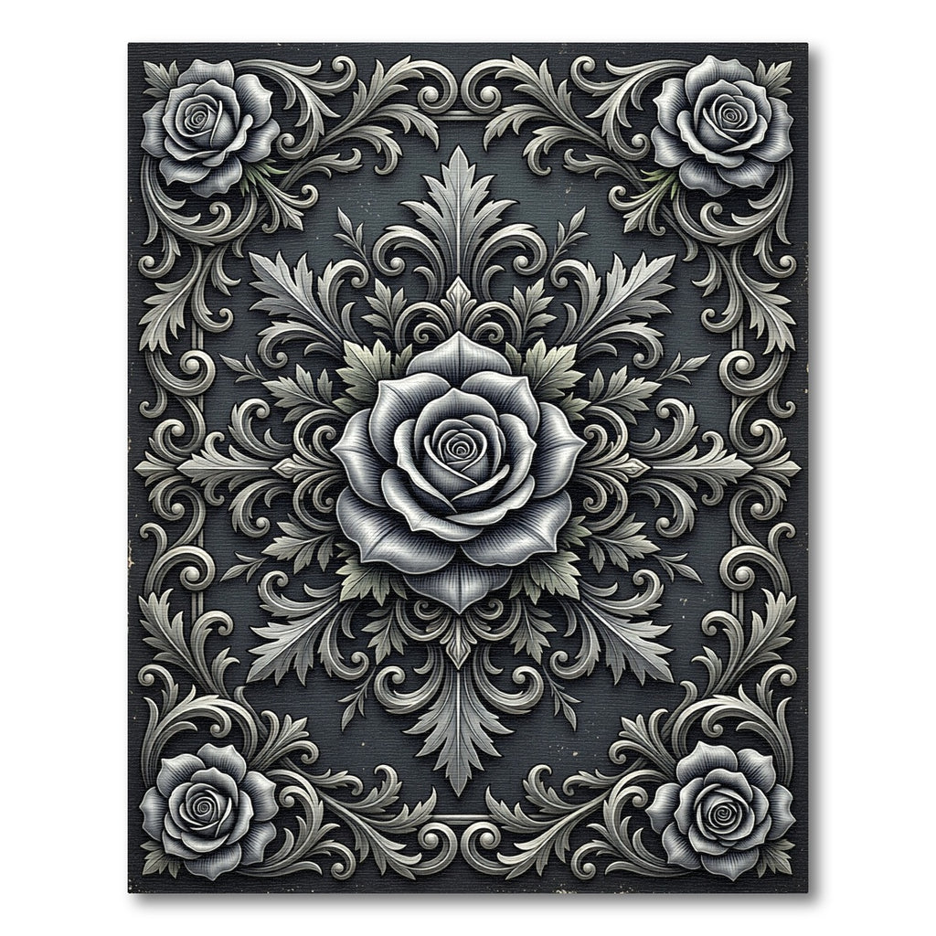 Elegant Monochrome Rose Scrollwork Art Rug