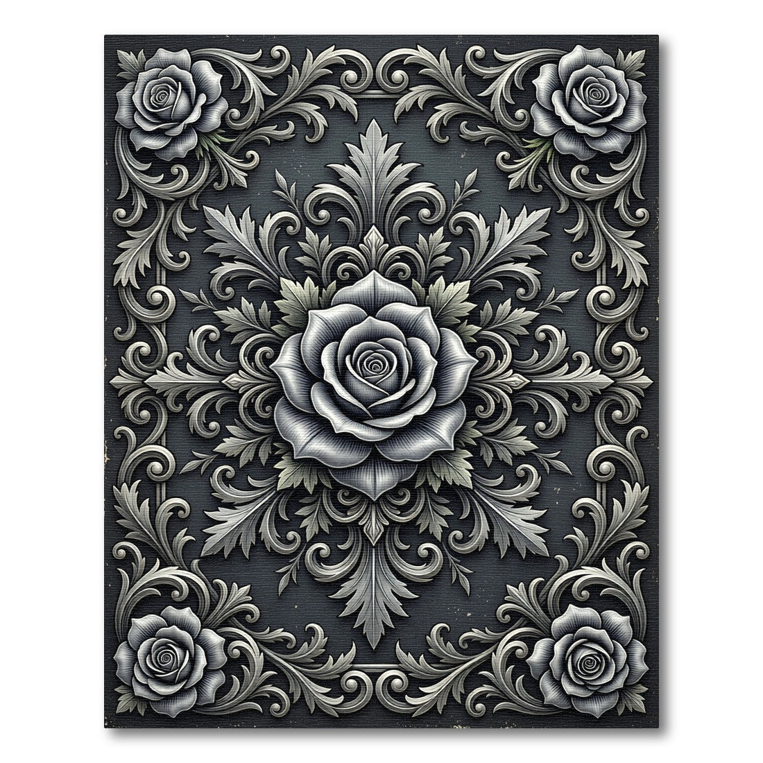 Elegant Monochrome Rose Scrollwork Art Rug