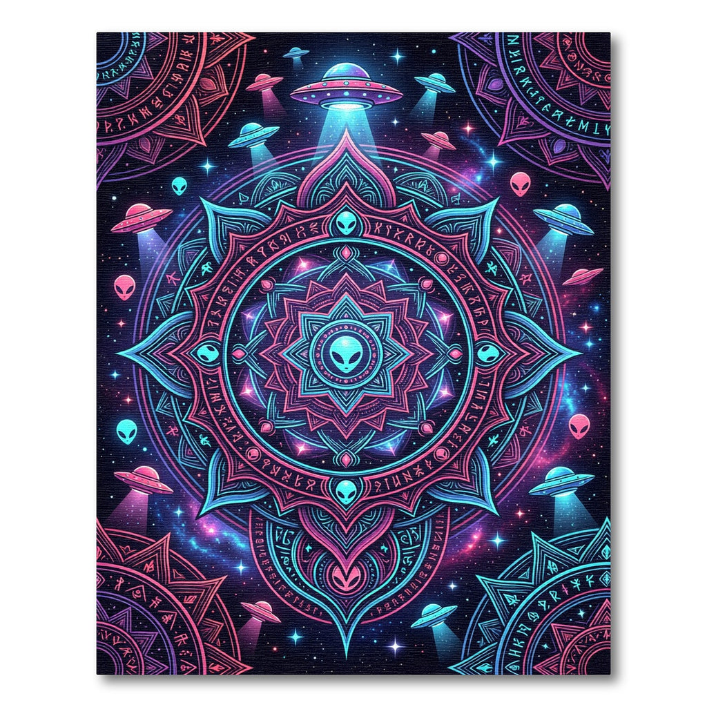 Neon Galactic Alien Mandala Medallion Rug
