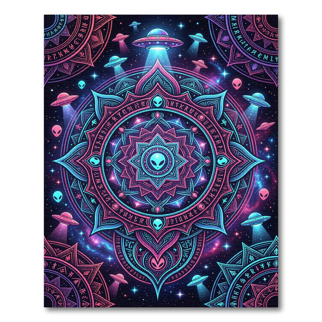 Neon Galactic Alien Mandala Medallion Rug