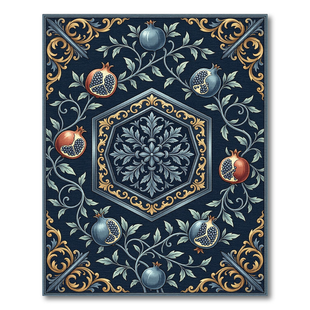 Dark Blue Pomegranate Floral Scroll Vine Rug