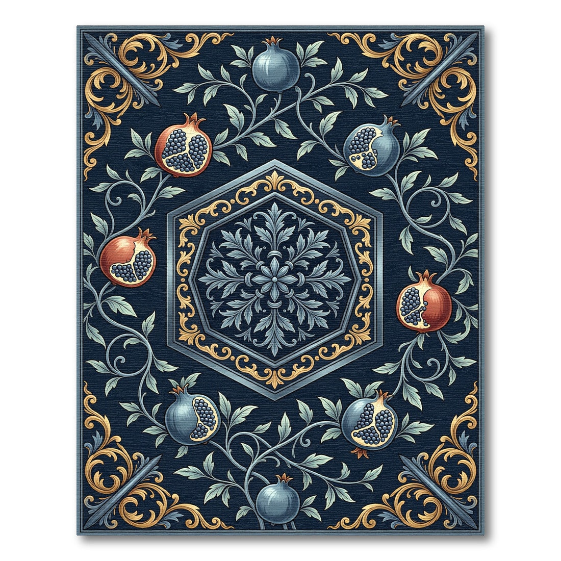 Dark Blue Pomegranate Floral Scroll Vine Rug